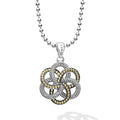 18k gold and sterling silver Caviar beaded love knot pendant on a sterling silver ball chain necklace.
