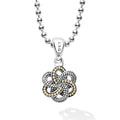 18k gold and sterling silver Caviar beaded love knot pendant finished on a ball chain necklace.