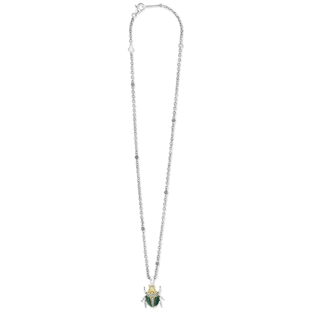Rare Wonders Jade Beetle Diamond Pendant Necklace: fine-linked silver chain with bead accents, featuring a green scarab with gold and diamond details.