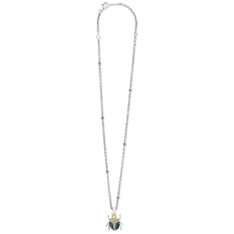 Rare Wonders Jade Beetle Diamond Pendant Necklace: fine-linked silver chain with bead accents, featuring a green scarab with gold and diamond details.