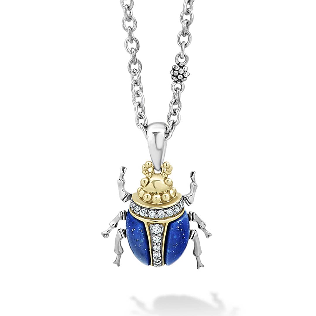 Rare Wonders Lapis Beetle Diamond Pendant Necklace features a blue beetle charm with 18K gold accents, sparkling diamonds and sterling silver chain with beaded stations.
