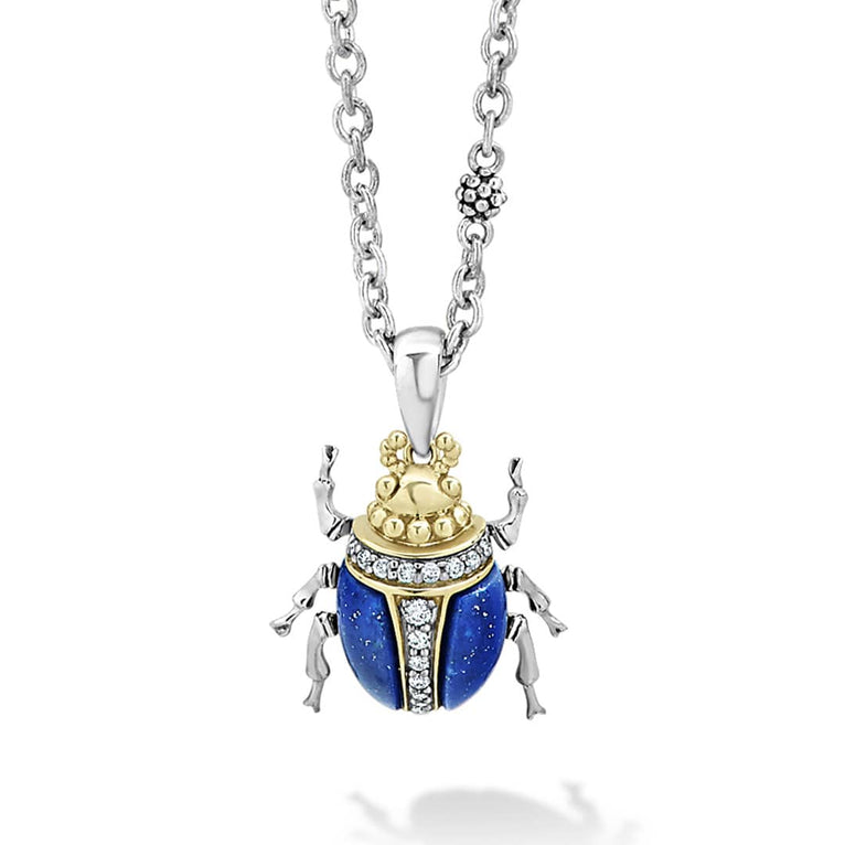 Rare Wonders Lapis Beetle Diamond Pendant Necklace features a blue beetle charm with 18K gold accents, sparkling diamonds and sterling silver chain with beaded stations.