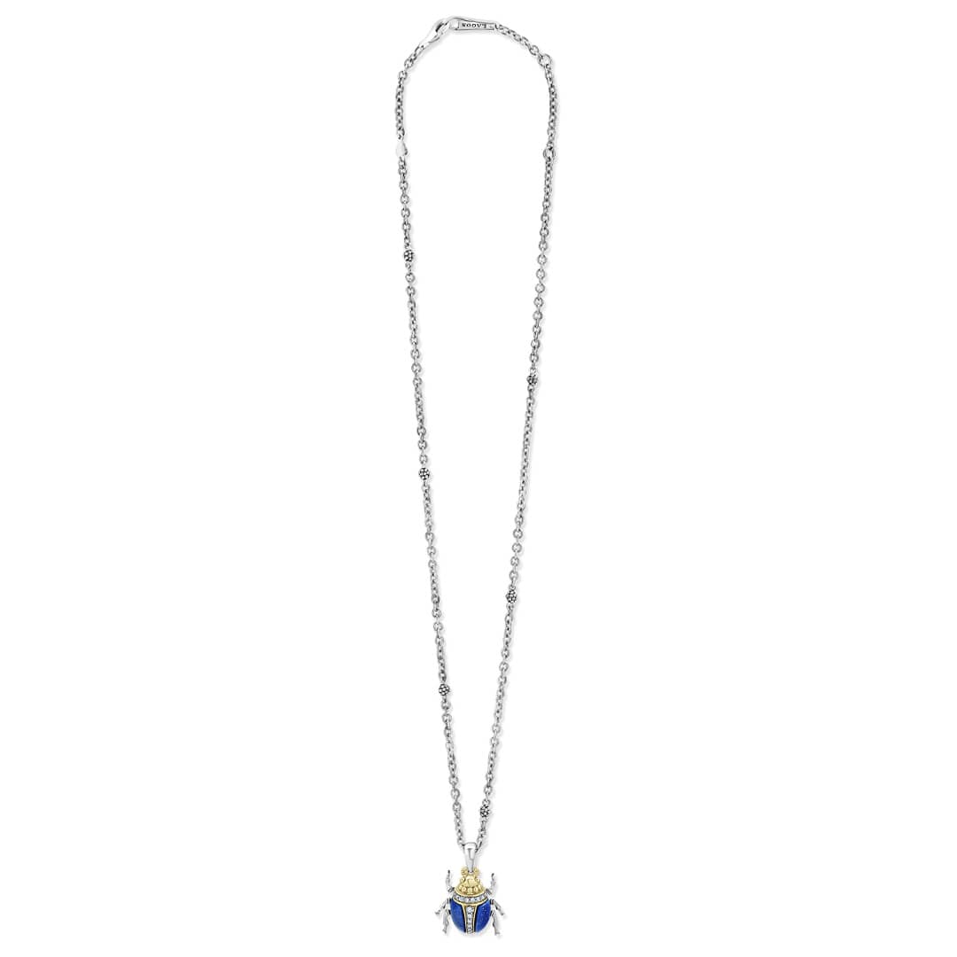 Rare Wonders Lapis Beetle Diamond Pendant Necklace with lapis, diamond, 18K gold, and sterling silver accents on a fine chain with Caviar beaded stations.