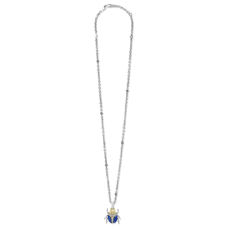 Rare Wonders Lapis Beetle Diamond Pendant Necklace with lapis, diamond, 18K gold, and sterling silver accents on a fine chain with Caviar beaded stations.