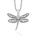 A dragonfly pendant crafted from sterling silver finished on a ball chain necklace.