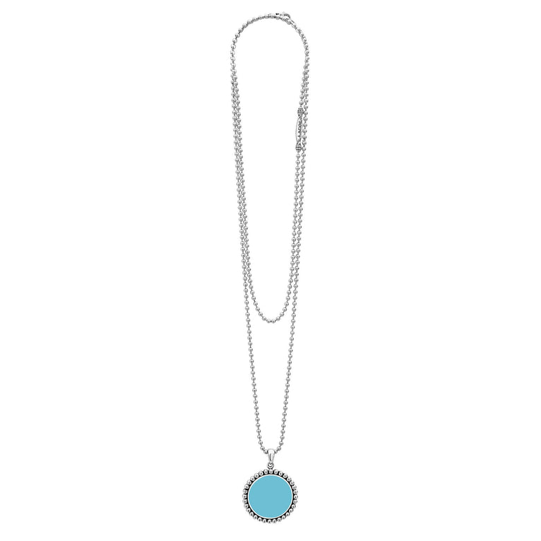 Maya Large Ceramic Circle Pendant Necklace with turquoise medallion framed by sterling silver Caviar beading on a versatile silver-tone ball chain by LAGOS.