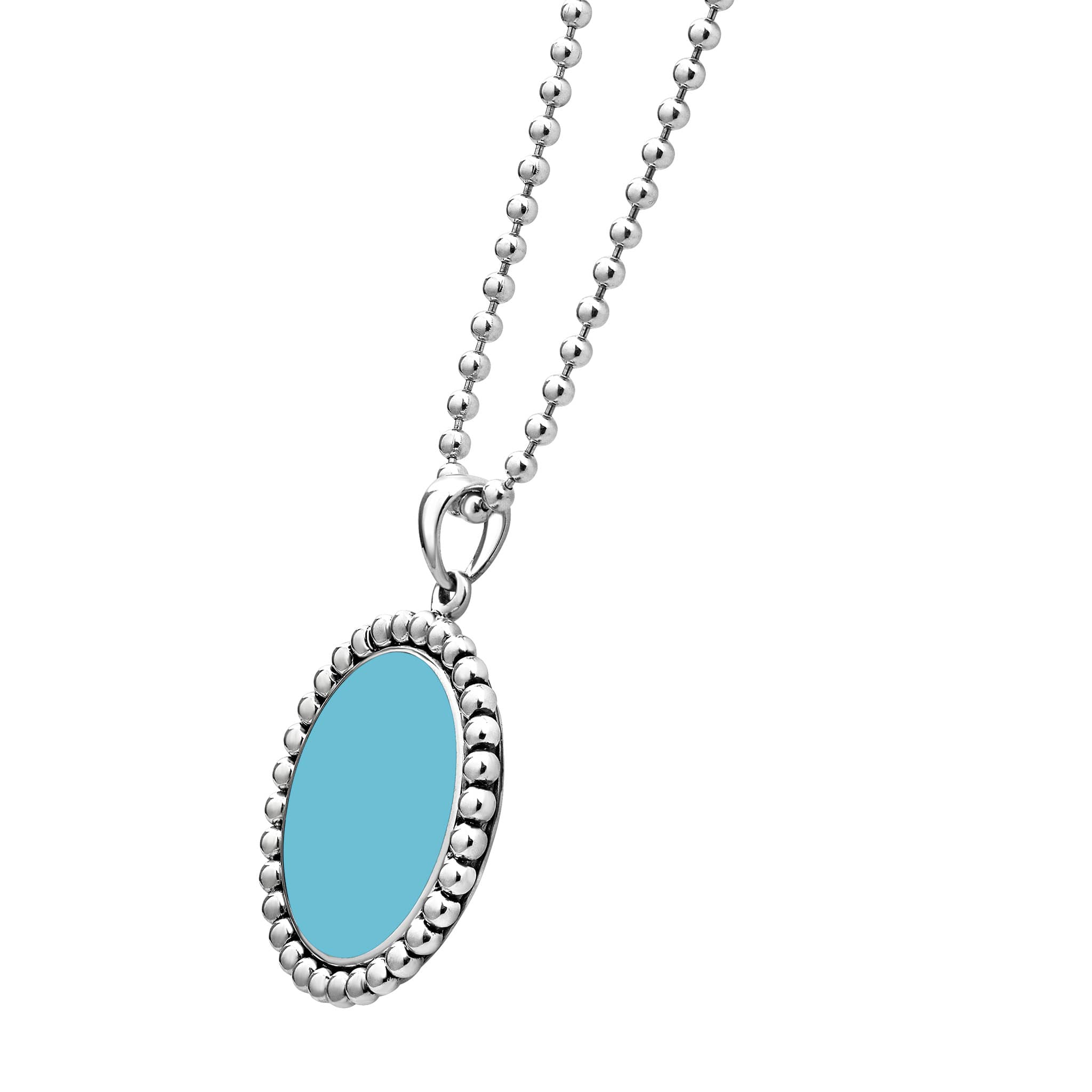 Maya Large Ceramic Circle Pendant Necklace features a turquoise ceramic oval framed by sterling silver Caviar beading, suspended on a silver bead chain.