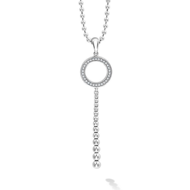 A diamond circle pendant with long Caviar beading accent. LAGOS diamonds are the highest quality natural stones.