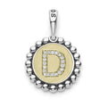 A LAGOS exclusive. Our Signature Caviar sterling silver and 18K gold initial 'D' charm accented with diamonds. Charm can only be paired with chains 04-80756-ML, 04-80549-ML, 04-80946-ML or 04-10534-ML. Chain sold separately. LAGOS diamonds are the hi