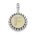 A LAGOS exclusive. Our Signature Caviar sterling silver and 18K gold initial 'F' charm accented with diamonds. Charm can only be paired with chains 04-80756-ML, 04-80549-ML, 04-80946-ML or 04-10534-ML. Chain sold separately. LAGOS diamonds are the hi
