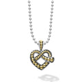 Sterling silver and 18k gold intertwine to form this unique Beloved heart pendant finished on a sterling silver beaded chain.