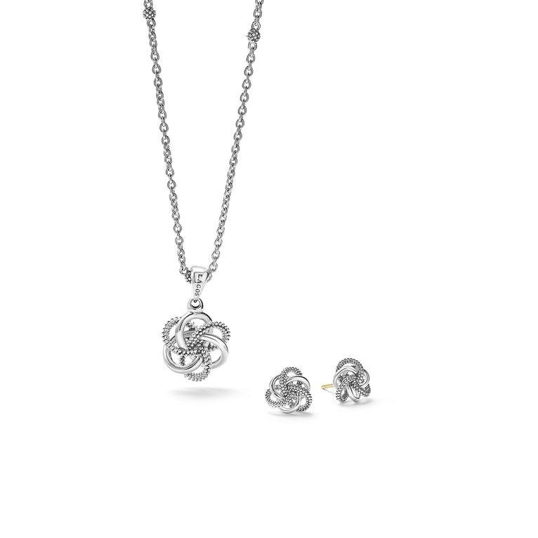 The ideal gift including a Love knot pendant necklace and earrings that pair perfect together.