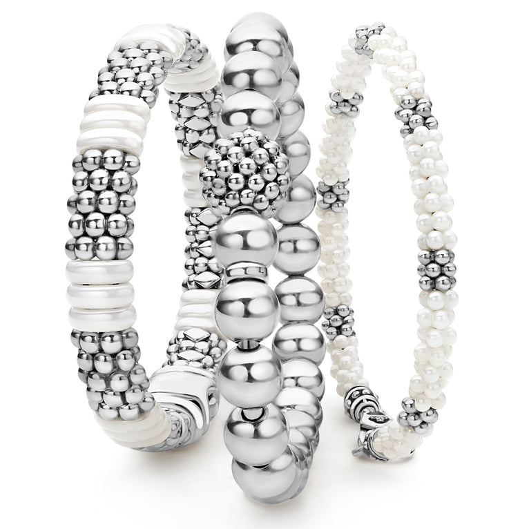 A LAGOS exclusive. Three classic bracelets to layer and make your own. One best-selling sterling silver Caviar stretch bead bracelet. One sterling silver caviar bracelet with smooth white ceramic stations. One white ceramic caviar bracelet accented b
