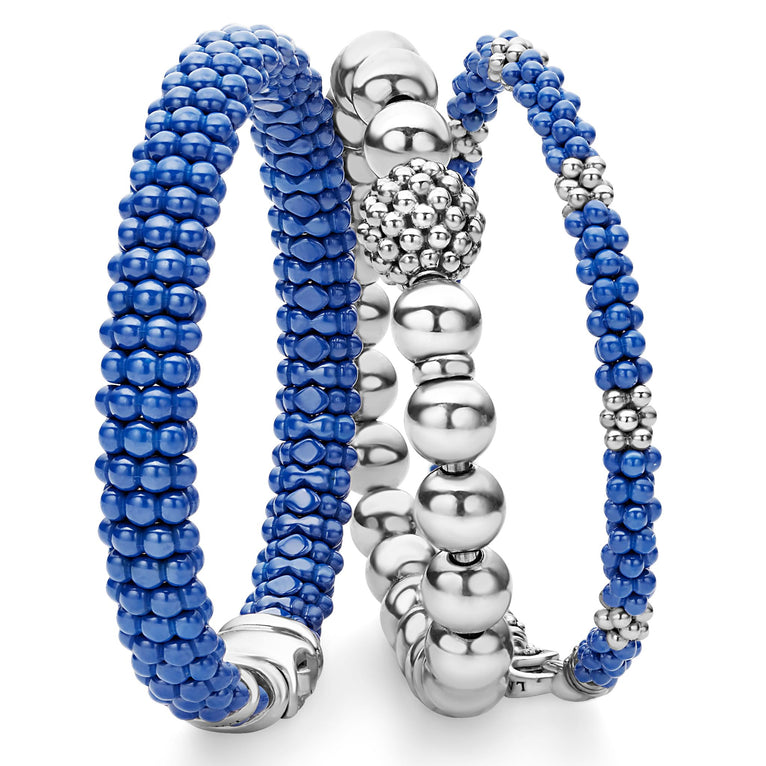 A LAGOS exclusive. Three classic bracelets to layer and make your own. One best-selling sterling silver Caviar stretch bead bracelet. One ultramarine ceramic Caviar bracelet. One ultramarine ceramic caviar bracelet accented by sterling silver station