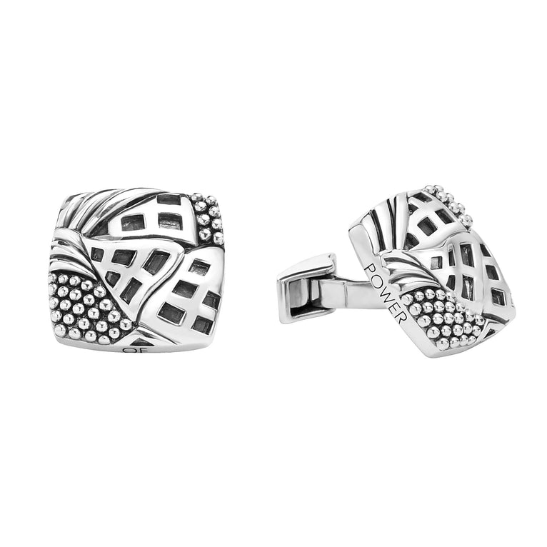 A LAGOS exclusive. Sterling silver cuff links inspired by Keep Memory Alive's architectural masterpiece in Las Vegas created by Frank Gehry. 100% of the purchase will benefit Keep Memory Alive.Learn More at https://www.keepmemoryalive.org/