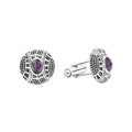 Keep Memory Alive Amethyst Cufflinks feature round sterling-silver faces with purple cabochons, intricate beading, and bullet-back fastenings, supporting a charitable cause.