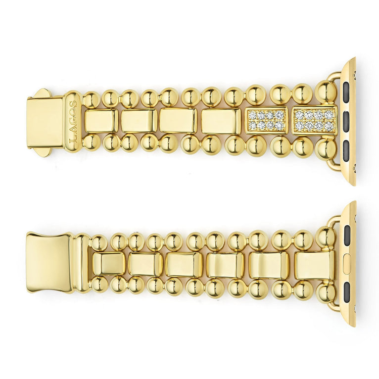 Smart Caviar 18K Gold Half Diamond Watch Bracelet features gold-tone beaded links with diamond accents, compatible with Apple Watch 38-45mm.