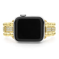 Smart Caviar 18K Gold Half Diamond Watch Bracelet-38-45mm featuring an ornate gold bracelet with polished beads and diamond-encrusted square links for Apple Watch.