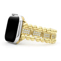 This watch bracelet is crafted from 18K gold and diamond links.