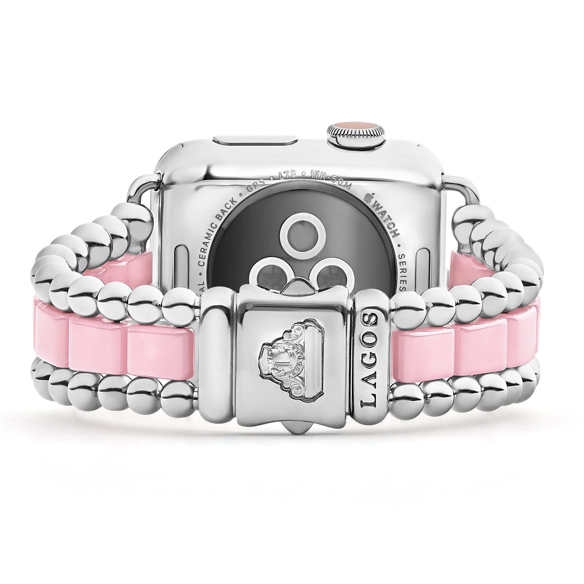 Smart Caviar Pink Ceramic and Stainless Steel Watch Bracelet, featuring pink ceramic and bead-links, with Gucci-engraved clasp, designed to pair with Apple Watch models 38-45mm.