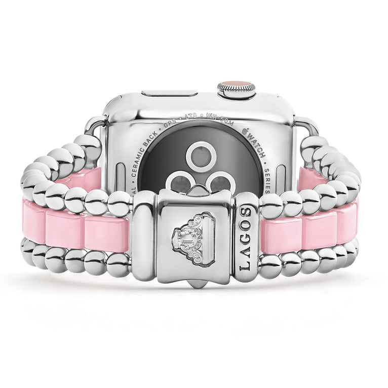 Smart Caviar Pink Ceramic and Stainless Steel Watch Bracelet, featuring pink ceramic and bead-links, with Gucci-engraved clasp, designed to pair with Apple Watch models 38-45mm.