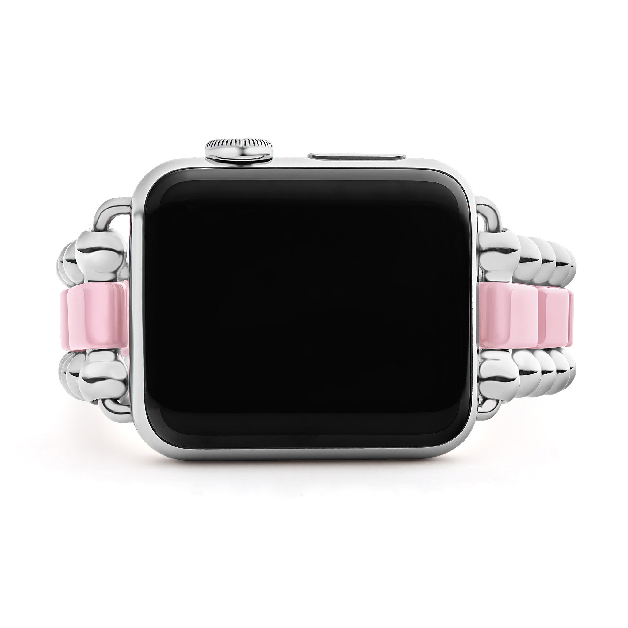 Smart Caviar Pink Ceramic and Stainless Steel Watch Bracelet featuring polished silver case, decorative metal beads, and pink links; compatible with 38-45mm Apple Watches.