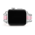 Smart Caviar Pink Ceramic and Stainless Steel Watch Bracelet featuring polished silver case, decorative metal beads, and pink links; compatible with 38-45mm Apple Watches.