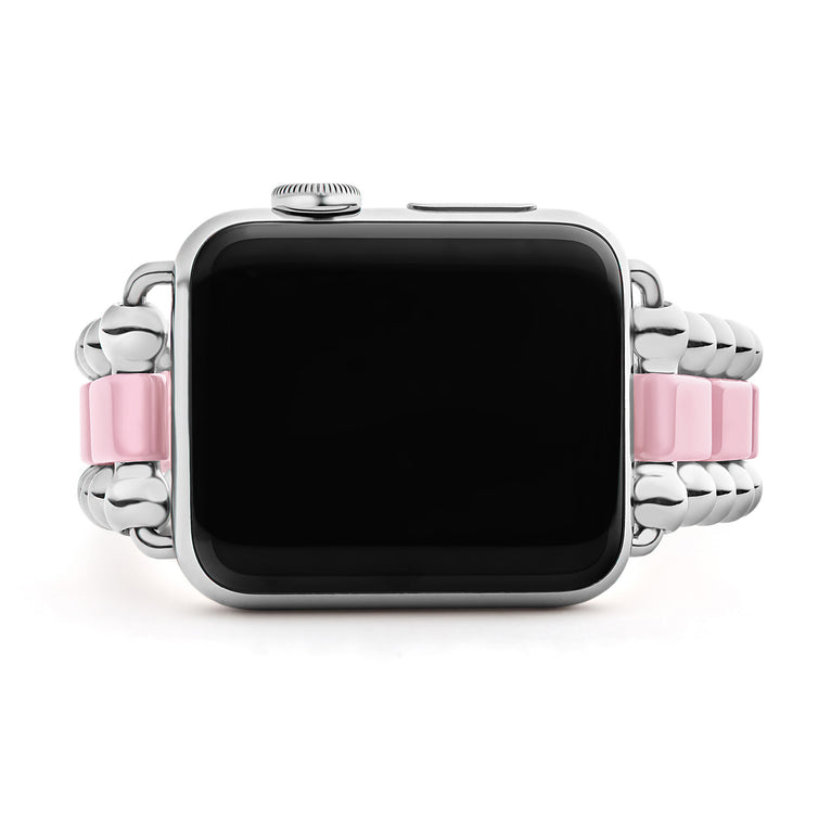 Smart Caviar Pink Ceramic and Stainless Steel Watch Bracelet featuring polished silver case, decorative metal beads, and pink links; compatible with 38-45mm Apple Watches.