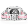 Smart Caviar Pink Ceramic and Stainless Steel Watch Bracelet-42-49mm, showcasing polished metal beads, glossy pink links, and a LAGOS clasp. Apple Watch face not included.