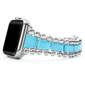 This watch bracelet is crafted from blue ceramic and stainless steel links.