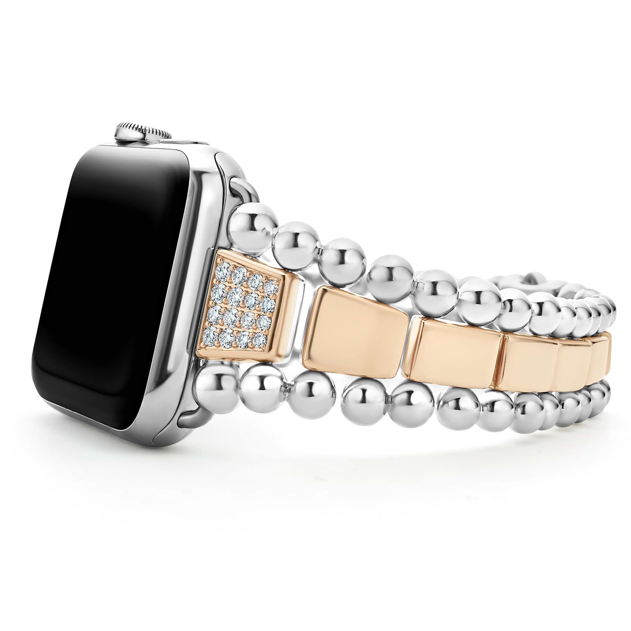 A LAGOS exclusive. Created exclusively for your Apple Watch®, this watch bracelet is crafted from 18K rose gold and two diamond links. Fits Series 1 through 10 and Ultra Apple Watch® for the 42mm through 45mm sizes. Watch face sold separately.