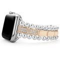 A LAGOS exclusive. Created exclusively for your Apple Watch®, this watch bracelet is crafted with diamonds set in 18K rose gold and sterling silver signature links. Fits the Series 1 through 10 Apple Watch® for the 38mm through 45mm sizes. Watch fa