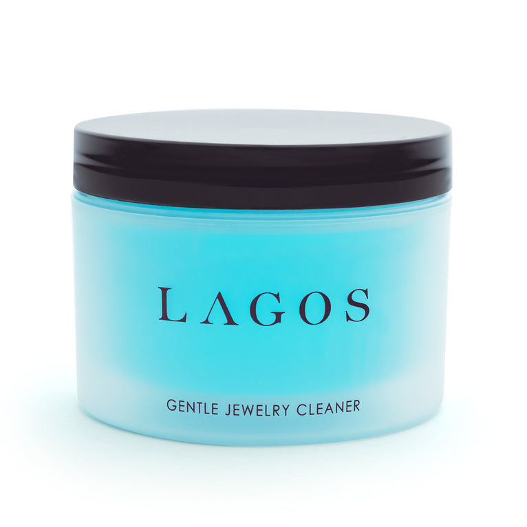 A LAGOS exclusive. Custom LAGOS jewelry cleaner for your at home jewelry care. 7.5 ounces of gentle jewelry cleaner for pearls, diamonds, ceramic and gemstones. Also cleans metal sterling silver and 18K gold jewelry.